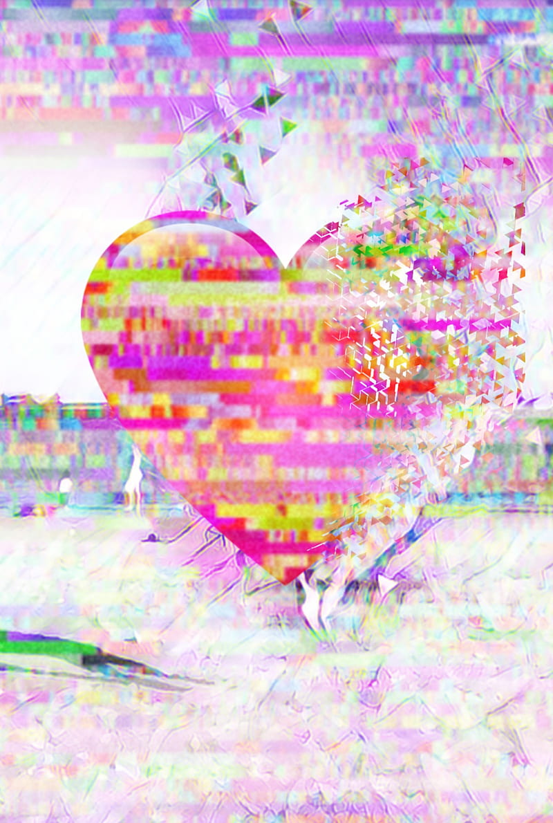 Glitch heart, glitched, love, fade, fading, slowly, red, pink, background, HD phone wallpaper