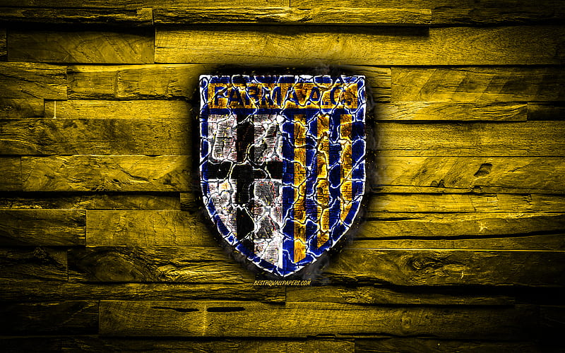 Parma FC, fiery logo, Serie A, yellow wooden background, italian football club, grunge, Parma AC, football, soccer, Parma logo, fire texture, Italy, HD wallpaper