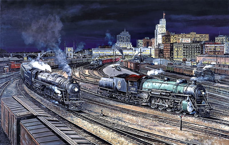 Night Activity at the Spud- Train, railroad, art, locomotive, bonito, illustration, artwork, train, engine, painting, wide screen, tracks, HD wallpaper