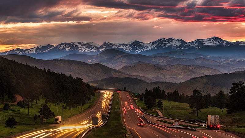 Road Time Lapse Landscape View Of White Covered Mountains Slope Trees Under Red Black Clouds Sky Nature, HD wallpaper