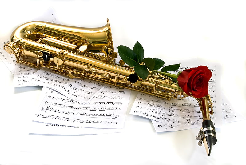 sax, romantic, rose, music, bonito, foto, graphy, nice, cool, flower, musical notes, saxophone, harmony, HD wallpaper