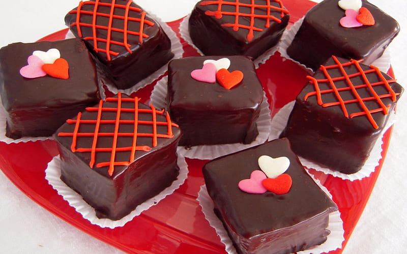 Valentine's cakes, cake, red, brown, food, chocolate, valentine, sweet, dessert, heart, HD wallpaper