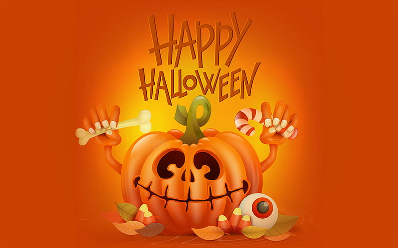 Halloween, pumpkin, minimal, Happy Halloween, orange background, HD wallpaper