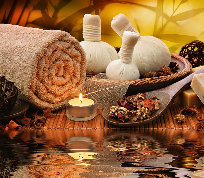 Relaxing Spa, candle, relax, spa, salt, towel, HD wallpaper