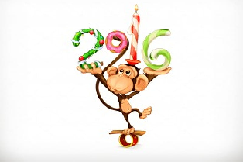 Happy New Year!, 2016, craciun, christmas, zodiac, new year, card, monkey, chinese, funny, white, HD wallpaper