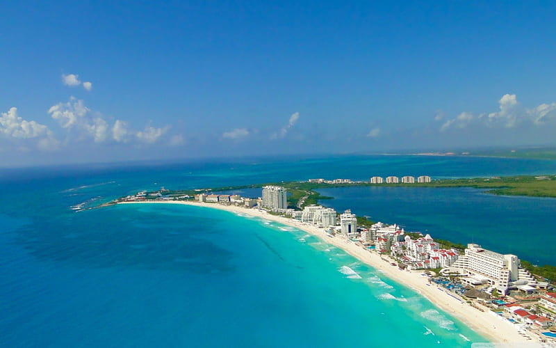 Blue Cancun, architecture, shore, ocean, sky, clouds, hotels, beach, modern, sand, water, day, nature, blue, HD wallpaper