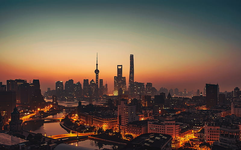 Shanghai, skyscrapers, Oriental Pearl Tower, Waitan, evening, sunset, panorama, Shanghai cityscape, Shanghai skyline, metropolis, China, HD wallpaper