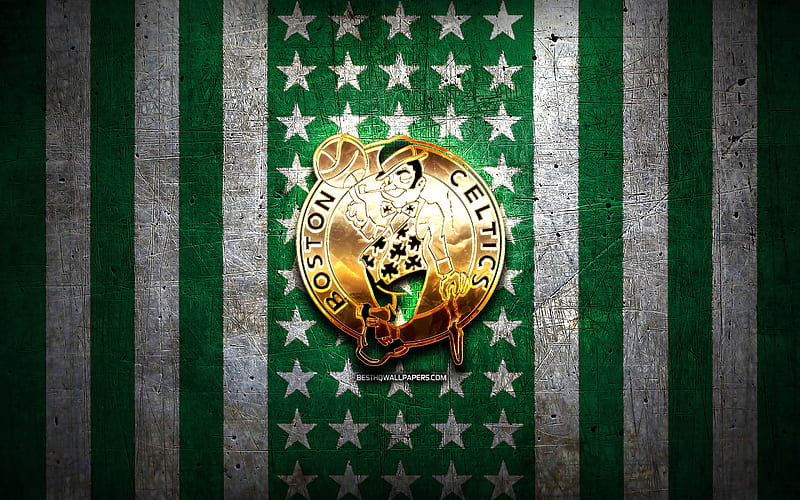 Boston Celtics flag, NBA, green white metal background, american basketball club, Boston Celtics logo, USA, basketball, golden logo, Boston Celtics, HD wallpaper