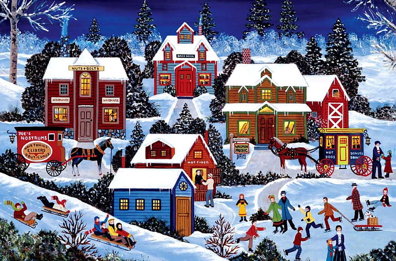 Snow-covered Village F2, Christmas, art, holiday, December, illustration, artwork, play, winter, sledding, snow, people, painting, wide screen, occasion, scenery, HD wallpaper