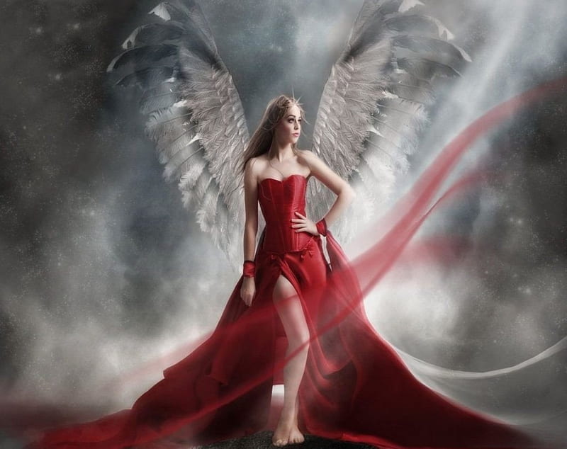 ANGEL OF PASSION, DRESS, WINGS, ANGEL, FEMALE, RED, HD wallpaper | Peakpx