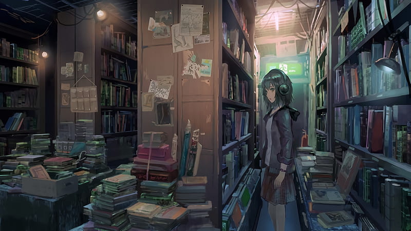 library, anime girl, headphones, books, short hair, Anime, HD wallpaper