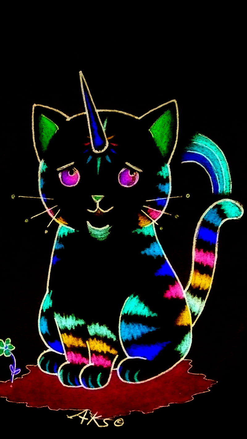 Rainbow Unicorn Cat2, art, black, cat, dark, drawn, fantasy, kitty, magic, rainbow, unicorn, HD phone wallpaper