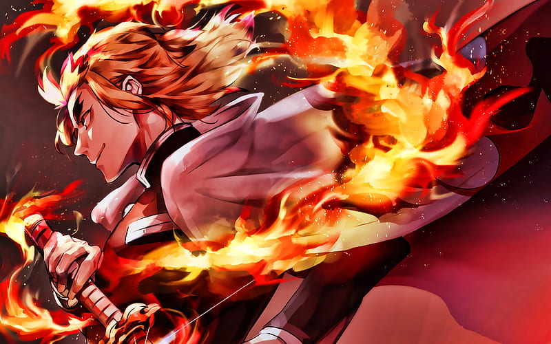 Rengoku Kyoujurou Fire Flames Mugen Ressha Hen Kimetsu No Yaiba Battle Demon Hunter Hd Wallpaper Peakpx