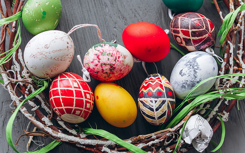 Easter eggs, painted eggs, spring, cinnamon, wooden background, nest, HD wallpaper