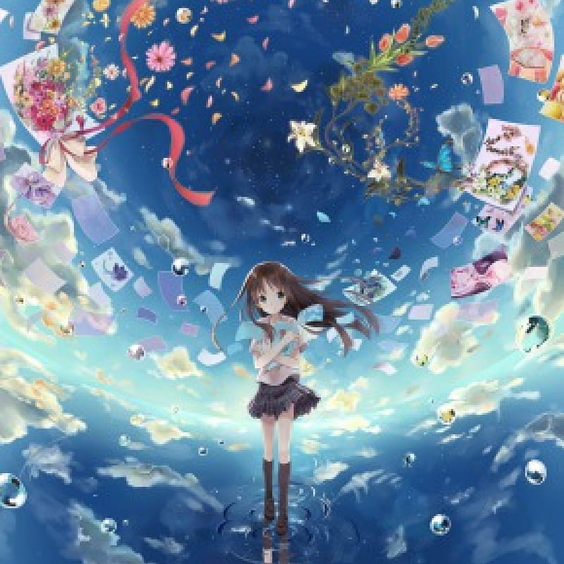 To Expand the Dream, pretty, flow, cg, breeze, adorable, magic, sweet, floral, nice, fantasy, miniskirt, butterfly, anime, blowing, bubbles, beauty, anime girl, reflection, realistic, long hair, school uniform, lovely, ribbon, wind, skirt, sky, water, windy, flying, awesome, float beautiful, blossom, sheet, black hair, female, cloud, blow, spendid, kawaii, fly, girl, bouquet, ripples, flowing, flower, magical, paper, HD wallpaper