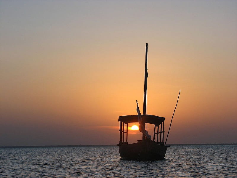 Zanzibar, boat, sunrise, sky, sea, HD wallpaper