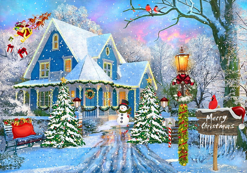 Snowy Christmas Night, snow, Christmas, santa, birds, presents, snowman, trees, HD wallpaper
