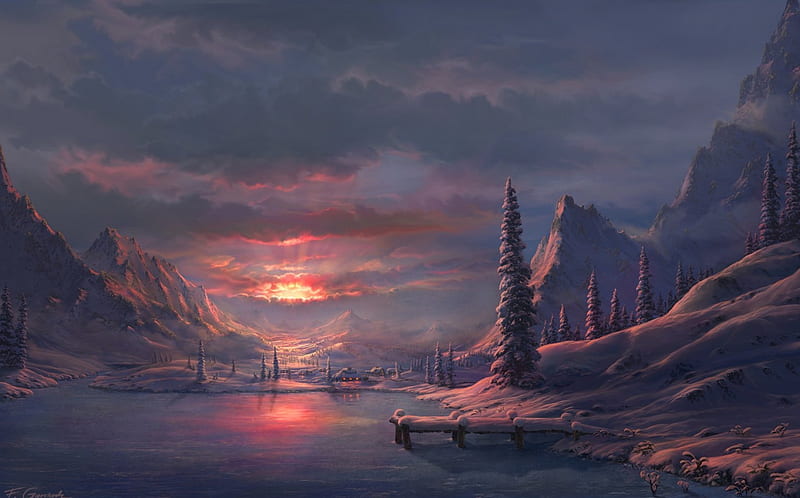 Winter sunset, art digital art, scenery, other, HD wallpaper