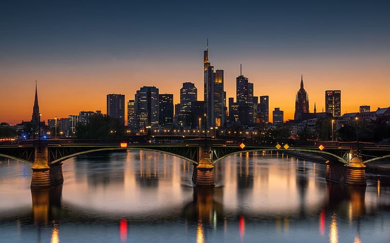 Frankfurt, puente, noche, paisaje urbano, rascacielos, metrópoli alemana,  alemania, Fondo de pantalla HD | Peakpx