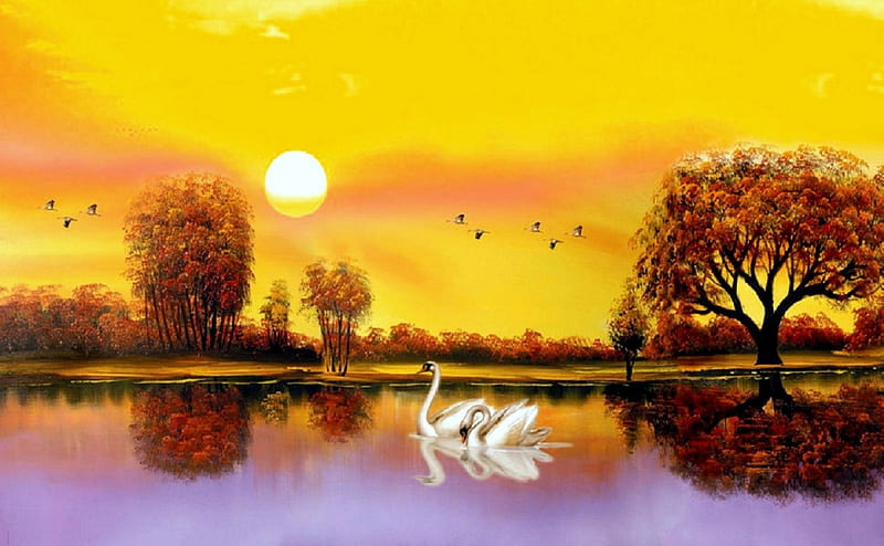 --Swan Lake is Happy--, pretty, draw and paint, yellow, attractions in dreams, bonito, most ed, digital art, seasons, paintings, bright, scenery, drawings, animals, lakes, lovely, happiness, colors, love four seasons, creative pre-made, swans, summer, nature, reflections, HD wallpaper