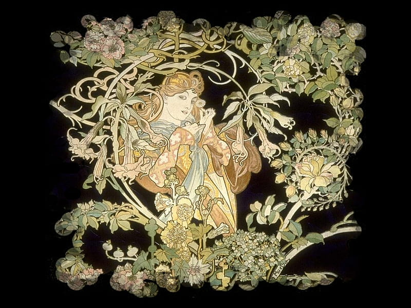 Art Nouveau Lady F5, mystery, art, vine, nouveau, painting, Mucha, flower, beauty, lady, vintage, HD wallpaper