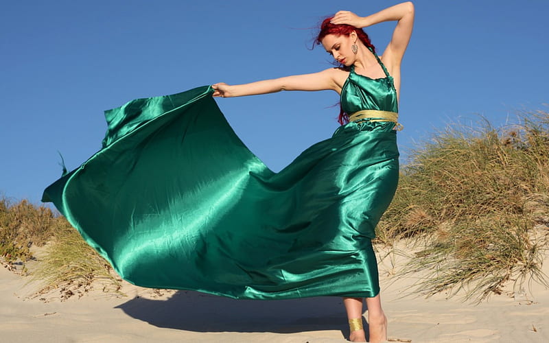 Model, dress, redhead, wind, silk, woman, girl, green, summer, HD wallpaper