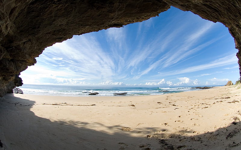 Beach View from Cave, sand, beaches, shadows, sky, caves, sea, HD wallpaper