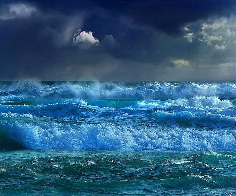 Turmoil, colorful, water, ocean, nature, waves, clouds, stormy, blue, HD wallpaper