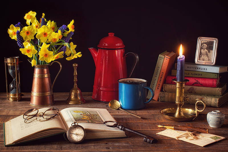 graphy, Still Life, Book, Candle, Compass, Daffodil, Glasses, Key, Pitcher, HD wallpaper