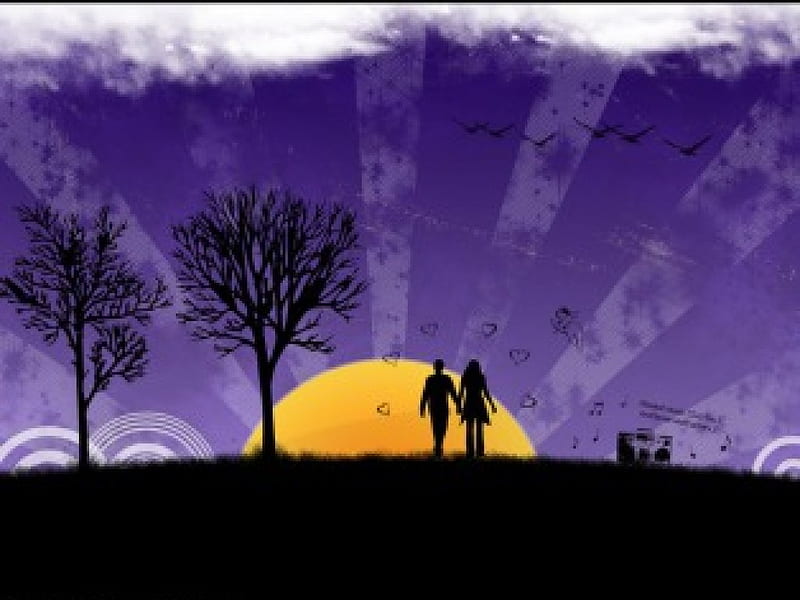 Sunrise of Love, arches, purple, rays, silhouettes, suncircles, trees, couple, HD wallpaper