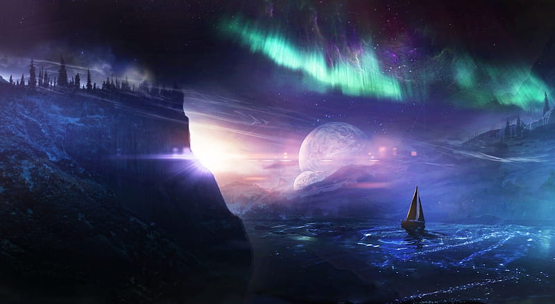 Sailing, stars, northern lights, ocean, homes, sky, moon, boat, cliff, HD wallpaper