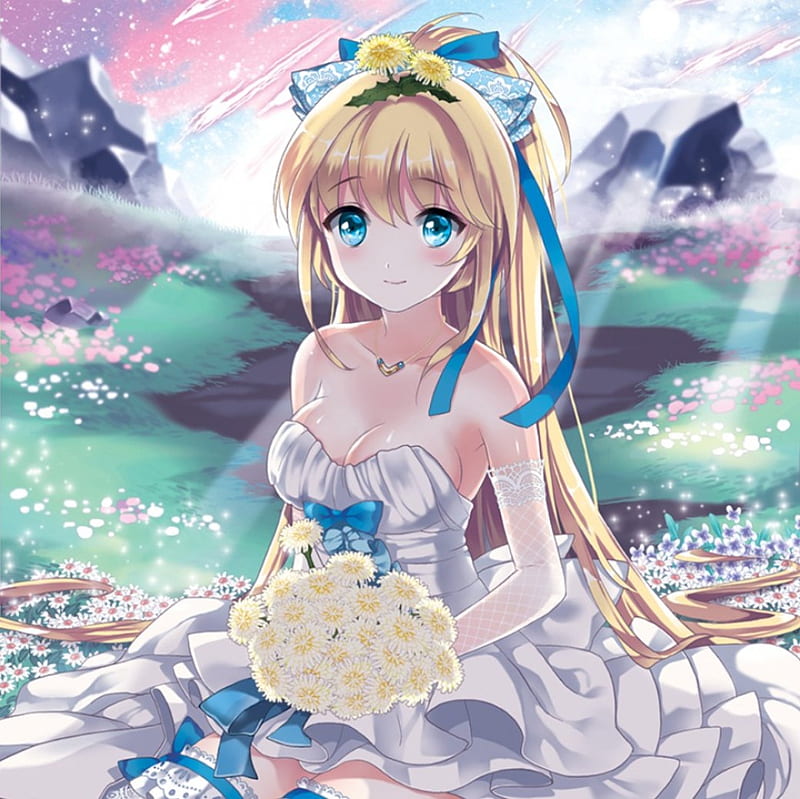 Sexy Bride, adorable, sweet, floral, anime, e prety, beauty, anime girl, long hair, lovely, ribbon, gown, blonde, sexy, white, maiden, nic, dress, blond, bride, bonito, blossom, hot, wed, female, blonde hair, wedding, blond hair, kawaii, girl, bouquet, flower, petals, lady, HD wallpaper
