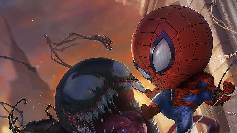 Venom Spiderman Chibi, spiderman, venom, superheroes, artist, artwork, HD wallpaper