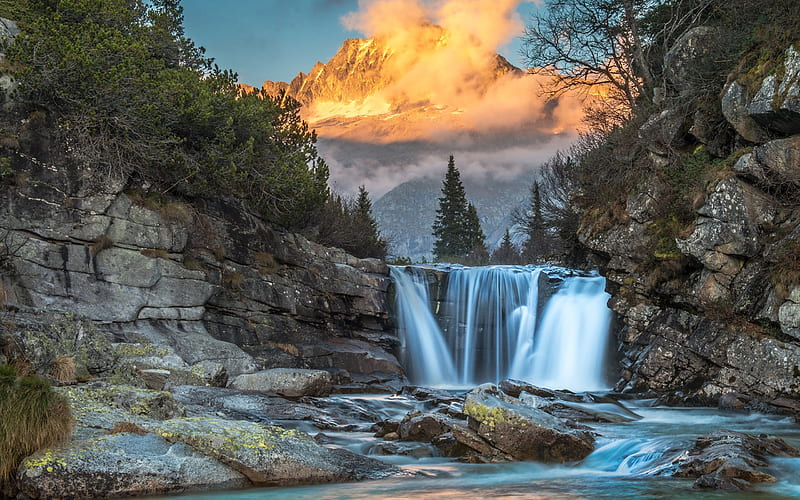 waterfall, mountain river, forest, sunset, mountains, USA, HD wallpaper