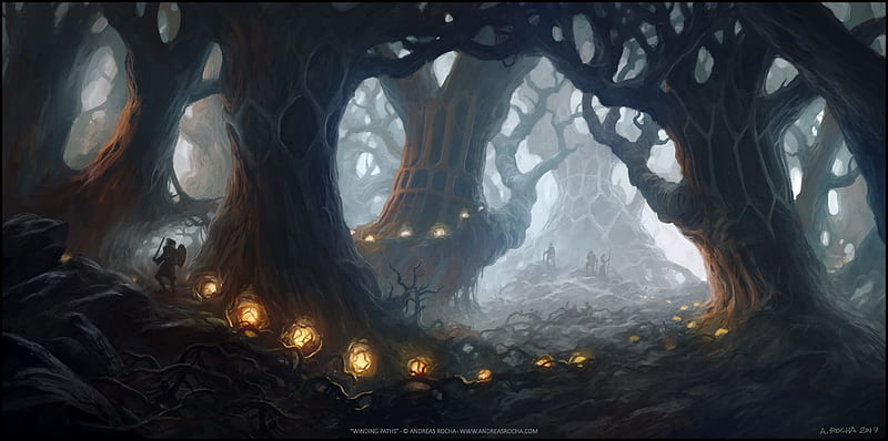 Winding paths, forest, fantasy, tree, firefly, luminos, woods, dark, lights, HD wallpaper