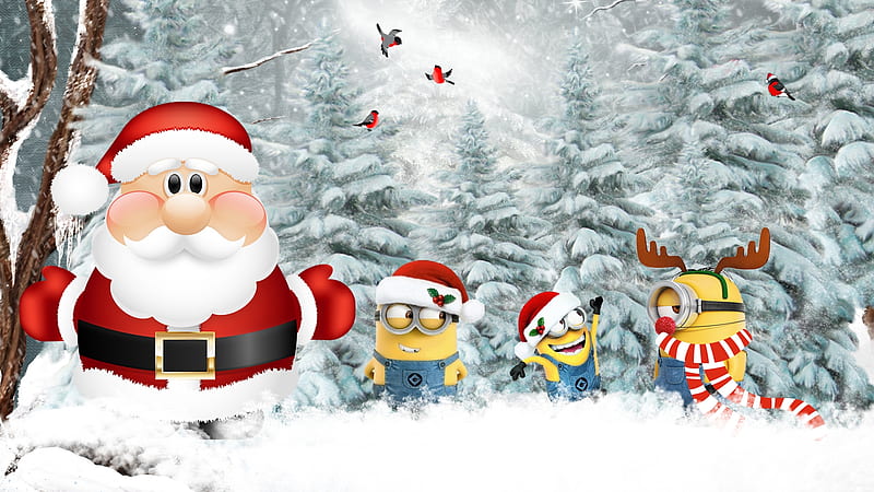 Santa and Minions, birds, Santa Claus, Saint Nicholas, Firefox theme, forest, Christmas, Feliz Navidad, holiday, trees, winter, minions, snow, HD wallpaper