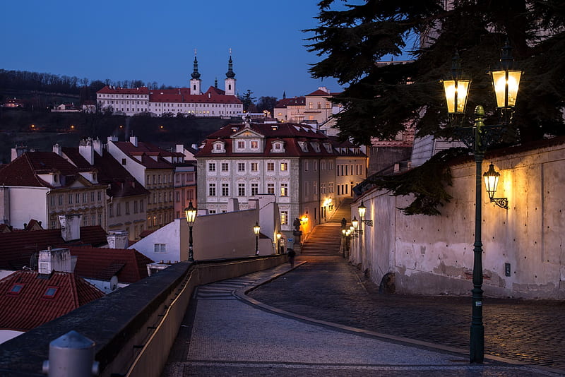 buildings, prague, night, bridge, czech republic, street, city, HD wallpaper