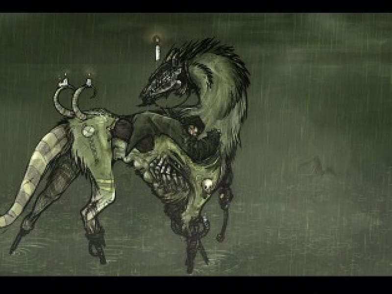 Gothic hOrse, dead, strange, abstract, mist, candles, zombie, hores, green, rain, living corpes, creature, HD wallpaper
