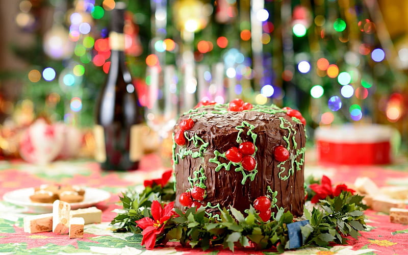 Christmas cake, cake, red, christmas, food, chocolate, sweet, dessert, mistletoe, green, HD wallpaper