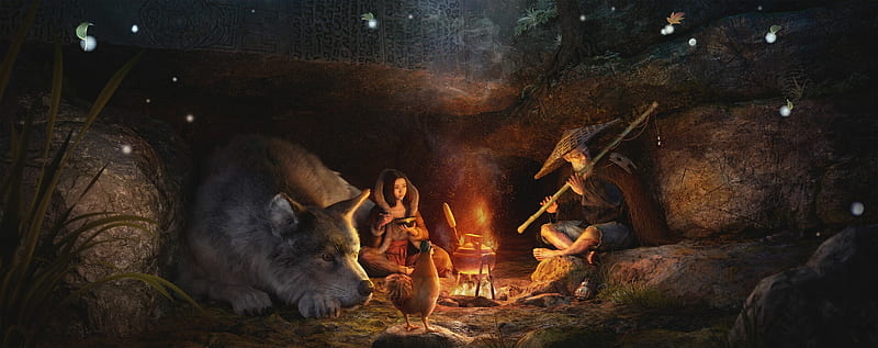 Campfire, fantasy, girl, rootworkshop, wolf, man, luminso, night, HD wallpaper