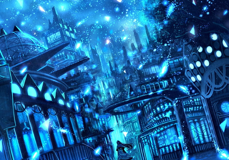 Blue city, art, luminos, manga, sakimori, fantasy, city, anime, castle, blue, HD wallpaper