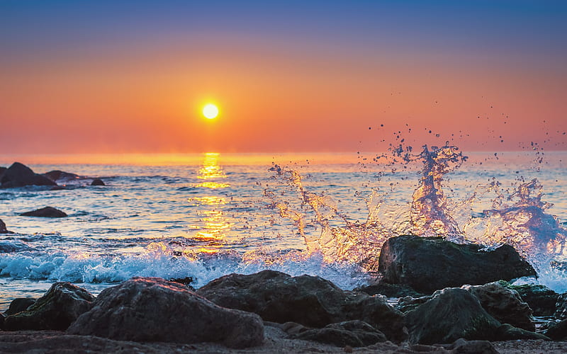 Sunset over Sea, splash, rocks, sunset, sea, HD wallpaper