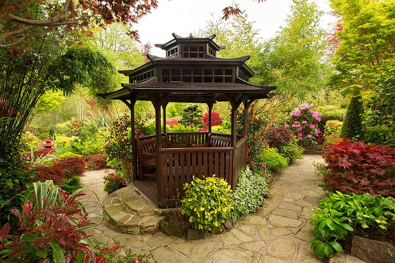 English garden, shrubs, gazebo, England, rest, relax, bench, park, bonito, summer, garden, flowers, alley, HD wallpaper