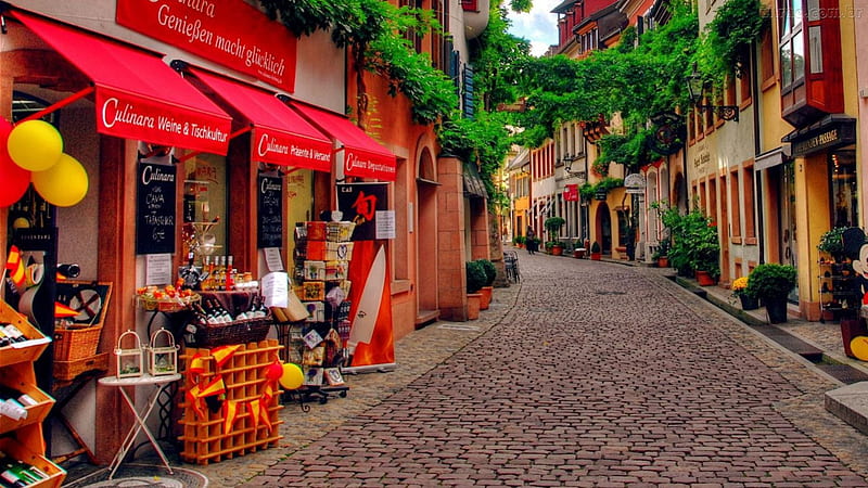 beautiful side street in germany, cobblestones, street, stres, ivies, HD wallpaper