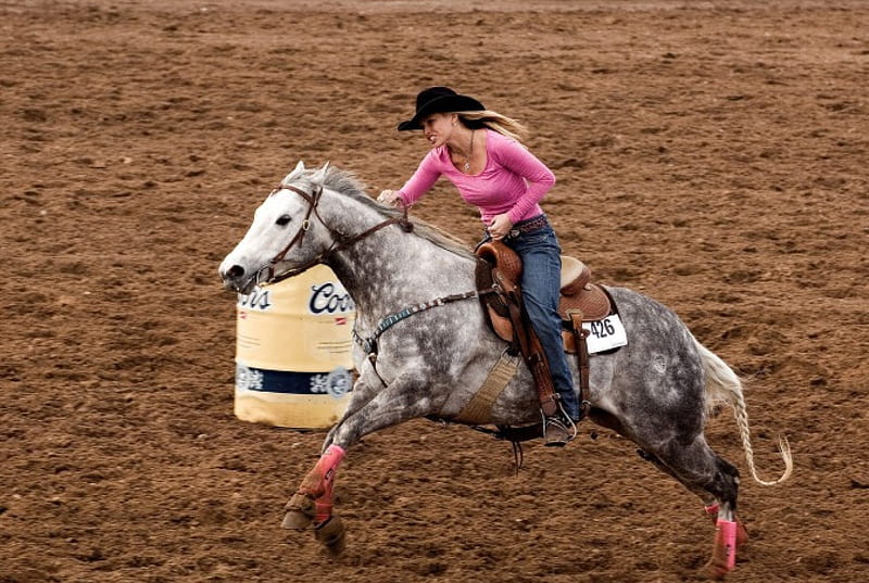 Cowgirl Barrel Racing, westerns, hats, ranch, fun, outdoors, women, horses, barrel racing, rodeo, cowgirls, females, girls, HD wallpaper