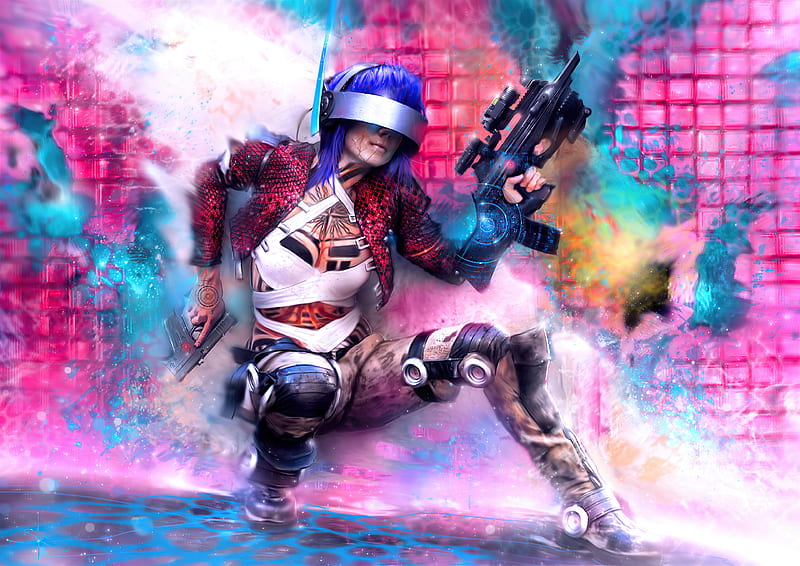 Cyberpunk Girl Guns Up , cyberpunk, artwork, artist, artstation, HD wallpaper