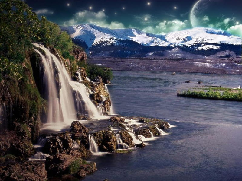 Waterfall, hills, nature, sky, HD wallpaper | Peakpx