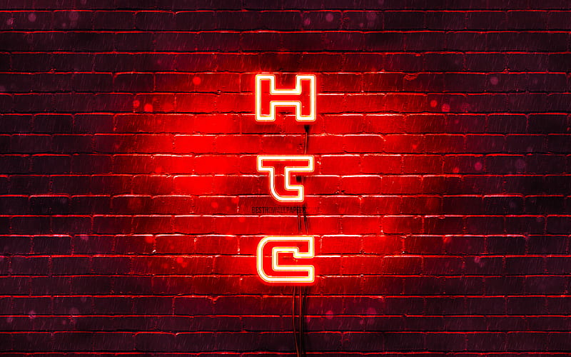 HTC red logo, vertical text, red brickwall, HTC neon logo, creative, HTC logo, artwork, HTC, HD wallpaper