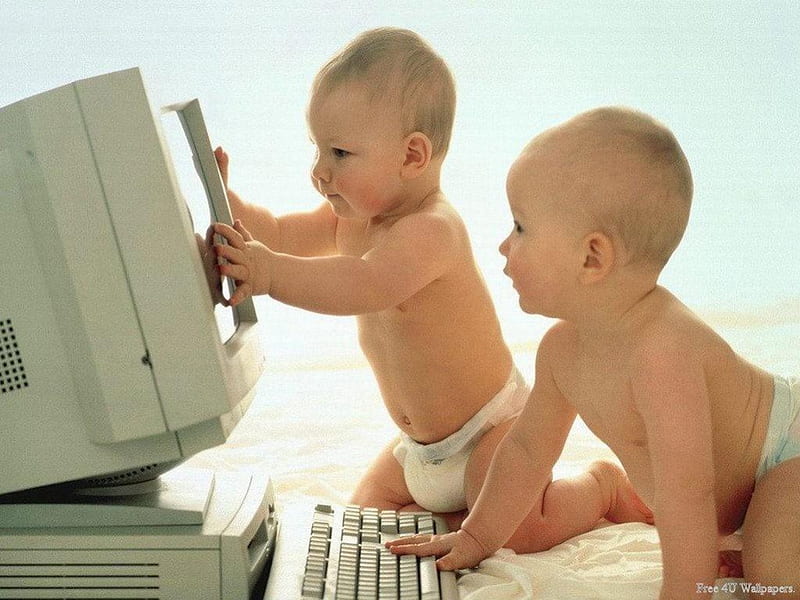 Computer Kids, monitor, diapers, computer, babies, keyboard, HD wallpaper