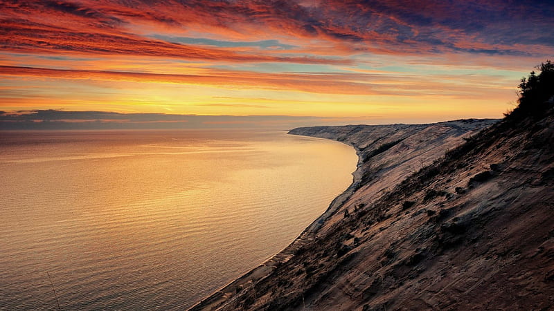 glorious seacoast at sunset r, r, sunset, clouds, coast, sea, HD wallpaper